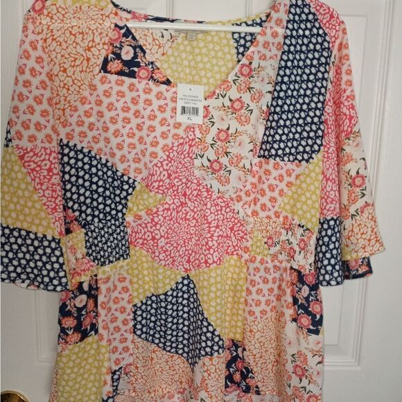 Chenault XL PinkBlueYellowPatchwork FloralPrintElasticWaist ShrtSlvV-Nec Blouse. - Picture 1 of 9